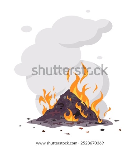 Trash on fire. Burning heap of garbage with smoke. Vector illustration isolated on a white background in cartoon style. Environmental pollution concept.