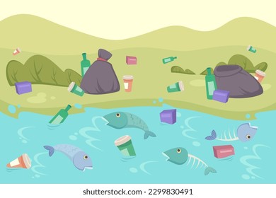 Trash on ground and dead fish in water vector illustration. Cartoon drawing of fish bones, cups floating in water, empty glass bottles and garbage bags. Ecology, environment, climate change concept