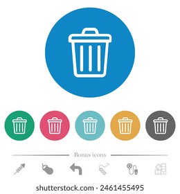 Trash outline flat white icons on round color backgrounds. 6 bonus icons included.