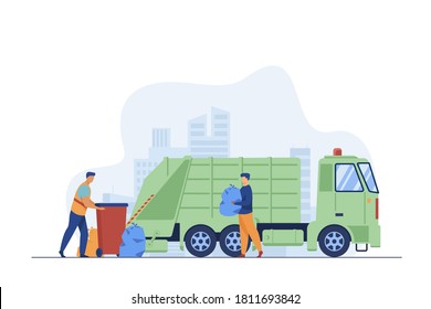 Trash pickup worker cleaning dustbin at truck. Man carrying trash in plastic bag flat vector illustration. City service, waste disposal concept for banner, website design or landing web page