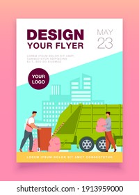 Trash pickup worker cleaning dustbin at truck. Man carrying trash in plastic bag flat vector illustration. City service, waste disposal concept for banner, website design or landing web page