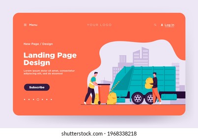 Trash pickup worker cleaning dustbin at truck. Man carrying trash in plastic bag flat vector illustration. City service, waste disposal concept for banner, website design or landing web page