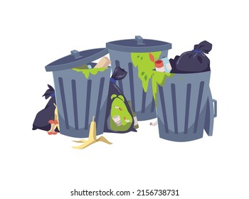 Trash pile in black plastic bags and metal bins, flat vector illustration isolated on white background. Smelly rubbish and food leftovers in garbage cans. Recycling and environment concepts.