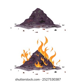 Trash pile and burning heap of garbage. Vector illustration isolated on a white background in cartoon style. Environmental pollution concept.