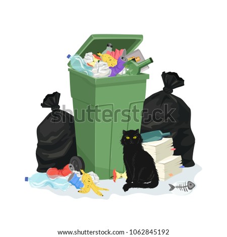 Trash pile with garbage can and bags isolated on white background. Vector illustartion with rubbish heap. Environment pollustion concept.