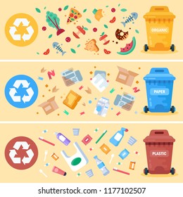 Trash plastic containers. Recycling garbage elements, containers of different color for garbage and trash. Vector flat illustration