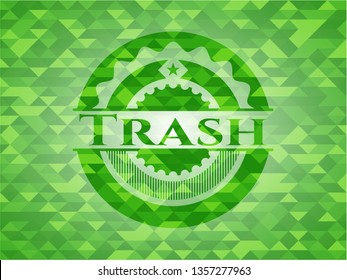 Trash realistic green emblem. Mosaic background