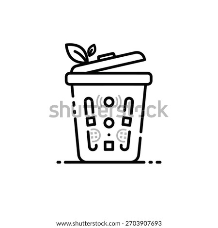 A trash receptacle with a lid slightly ajar, topped with a leaf and two smaller leaves.