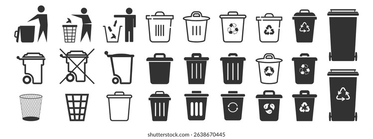 Trash and Recycle Bin Icons Set. Vector Garbage, Waste Sorting and Recycling Bins Collection Isolated on Transparent Background