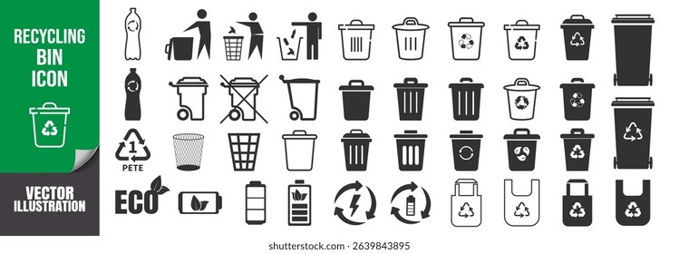 Trash and Recycle Bin Icons Set. Vector Garbage, Waste Sorting and Recycling Bins Collection Isolated on Transparent Background