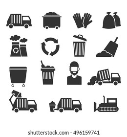 Trash recycle garbage waste vector icons. Container for junk and waste processing plant illustration