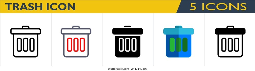 Trash or Recycle icon with 5 styles (outline, color outline, solid, color and mixed)