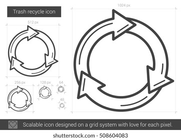 Icono de línea vectorial de reciclaje de la basura aislado en fondo blanco. Icono de línea de reciclaje de basura para infografía, sitio web o aplicación. Icono escalable diseñado en un sistema de cuadrícula.