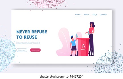 Trash Recycling, Environmental Pollution Problem Website Landing Page. Mother Teach Son Throw Garbage into Container with Recycle Sign for Plastic Web Page Banner. Cartoon Flat Vector Illustration