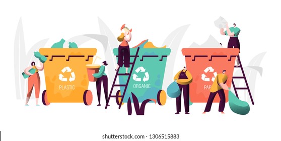 Trash Recycling Industrial Concept. People Characters Sorting Garbage Waste. Saving Earth Ecology Background Environmental conservationist. Vector illustration