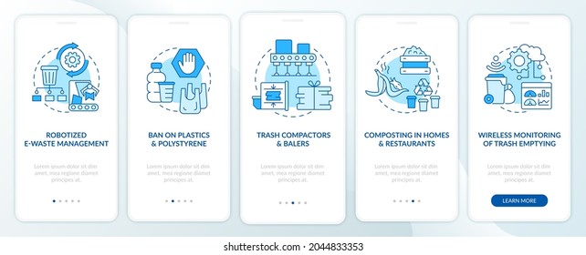 Trash recycling innovations onboarding mobile app page screen. Waste processing walkthrough 5 steps graphic instructions with concepts. UI, UX, GUI vector template with linear color illustrations