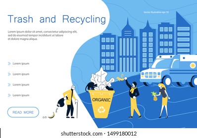 Trash and recycling landing page website template. People volunteers pick up the garbage for Clean Environment. Flat Art Vector illustration