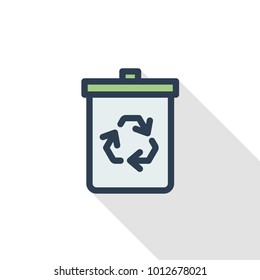 trash recycling thin line flat color icon. Linear vector illustration. Pictogram isolated on white background. Colorful long shadow design.