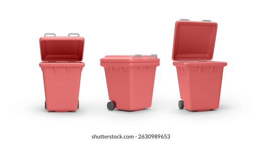 Conjunto de papelera roja con tapa abierta y cerrada. Contenedor de plástico 3D realista para residuos, plástico o conceptos de clasificación. Vistas frontales y laterales. Ilustración vectorial