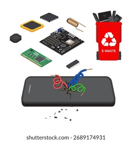 Bote de basura roja con letrero de desechos reciclables y desechos electrónicos, computadora portátil rota, gadgets rotos, impresora vieja. Ilustración vectorial aislada EPS 10.