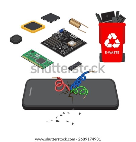 Trash red can with recyclable waste sign and e-waste waste, broken laptop, broken gadgets, old printer. Isolated vector illustration EPS 10.