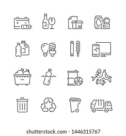 Trash related icons: thin vector icon set, black and white kit