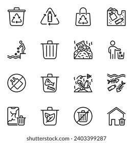 Trash related vector line icons set. pollution, conservation, environmental, eco, outline, electronic, throw, recycle, graphic, chemicals, recycling, junk, plastic, toxic, ecology, recycled, waste