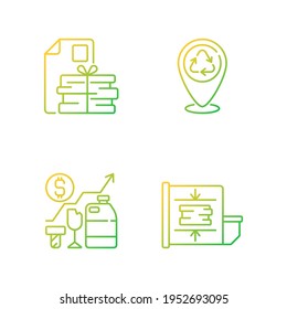 Trash removal gradient linear vector icons set. Paper recycling. Drop-off location. Waste analytics. Trash compactor. Thin line contour symbols bundle. Isolated vector outline illustrations collection