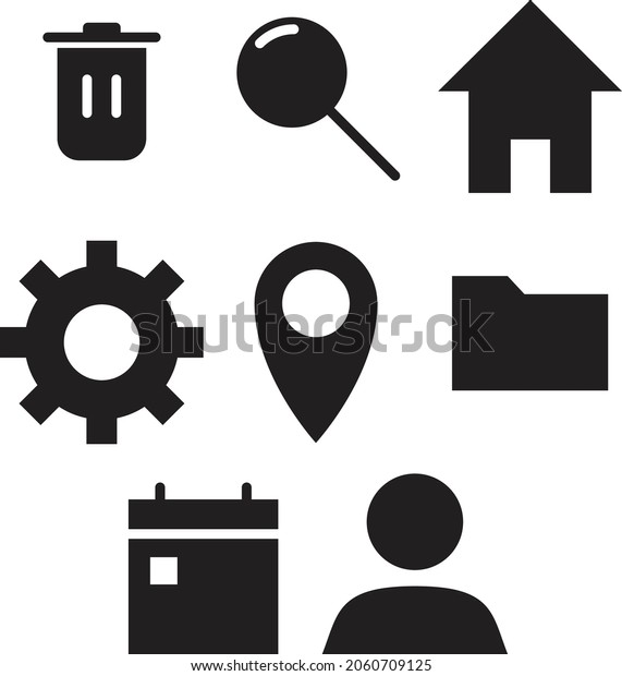 trash, search,\
home, gear, location, files, calendar and person. illustration\
vector flat color line\
style.