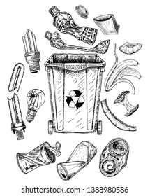 Trash set with dumpster. Sketch. Different types of garbage. Waste separation vector illustration.