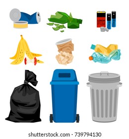 Trash set with garbage bins. Waste separation vector illustration