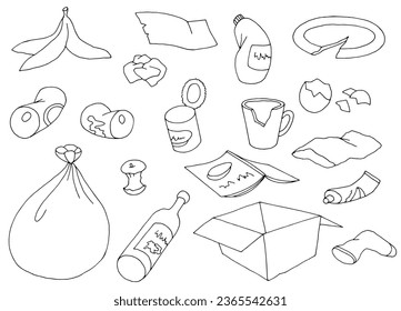 Trash set graphic black white sketch isolated illustration vector