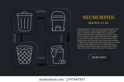 Trash set icon. Bin, container, basket, garbage bag, waste disposal, cleaning service, recycling, sanitation, hygiene, environmental care, collection, household waste.