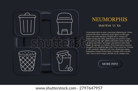 Trash set icon. Bin, container, basket, garbage bag, waste disposal, cleaning service, recycling, sanitation, hygiene, environmental care, collection, household waste.