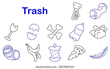 Trash set icon. Broken glass, cracked shell, scattered bones, plastic bottle, crumpled paper, crushed can, banana peel, apple core, pizza slice, wrapper, cigarette, rotten scraps