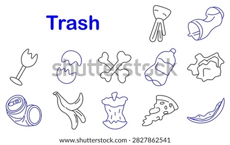 Trash set icon. Broken glass, cracked shell, scattered bones, plastic bottle, crumpled paper, crushed can, banana peel, apple core, pizza slice, wrapper, cigarette, rotten scraps