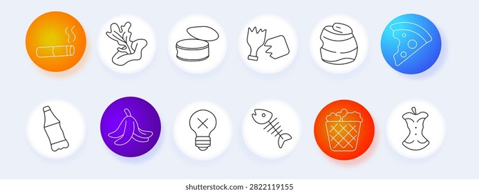 Trash set icon. Cigarette butt, fish skeleton, banana peel, broken glass, crumpled can, plastic bottle, disposable glove, organic leftovers, recycling container, environmental pollution