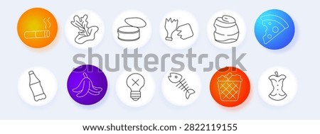 Trash set icon. Cigarette butt, fish skeleton, banana peel, broken glass, crumpled can, plastic bottle, disposable glove, organic leftovers, recycling container, environmental pollution