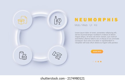 Icono de juego de papelera. Basura, basura, desperdicios, vidrios rotos, papeles, latas, cajas abiertas, tirar. Concepto de desechos. Neomorfismo. Icono de línea de vector para negocios y publicidad.