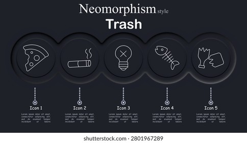 Trash set icon. Line icons with pizza slice, cigarette butt, broken bulb, fish skeleton, torn glove representing discarded waste items.
