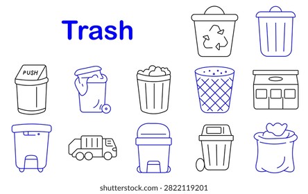 Trash set icon. Recycling bin, garbage truck, waste sack, disposal basket, push container, sanitation equipment, litter management, municipal cleanup, refuse collection, environmental hygiene