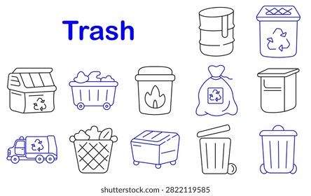 Trash set icon. Recycling container, garbage cart, waste bag, dumpster, disposal truck, litter basket, metal barrel, plastic bin, sanitation equipment, environmental cleanup, refuse management
