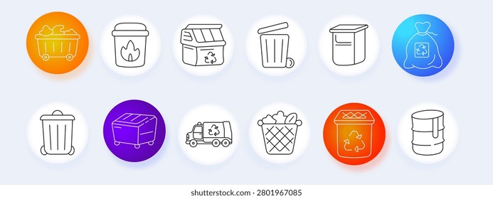Trash set icon. Recycling sack, dumpster container, garbage truck, industrial barrel, disposable cup, sorting basket, environmental sanitation, household refuse, ecological cleanup