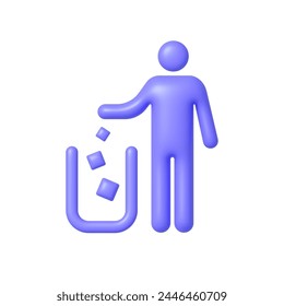 Trash sign 3d on white background. Tidy man symbol, do not litter icon, keep clean, dispose of carefully and thoughtfully symbol. Vector icon illustration