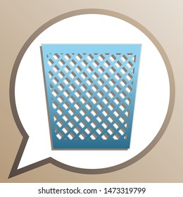 Trash sign illustration. Bright cerulean icon in white speech balloon at pale taupe background. Illustration.