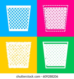 Trash sign illustration. Four styles of icon on four color squares.