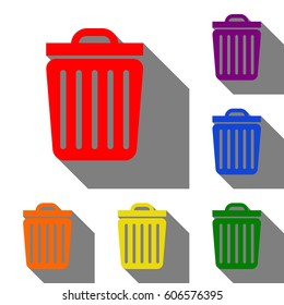 Trash sign illustration. Set of red, orange, yellow, green, blue and violet icons at white background with flat shadow.