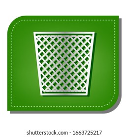 Trash sign illustration. Silver gradient line icon with dark green shadow at ecological patched green leaf. Illustration.