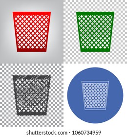 Trash sign illustration. Vector. 4 styles. Red gradient in radial lighted background, green flat and gray scribble icons on transparent and linear one in blue circle.