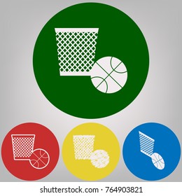 Trash sign illustration. Vector. 4 white styles of icon at 4 colored circles on light gray background.